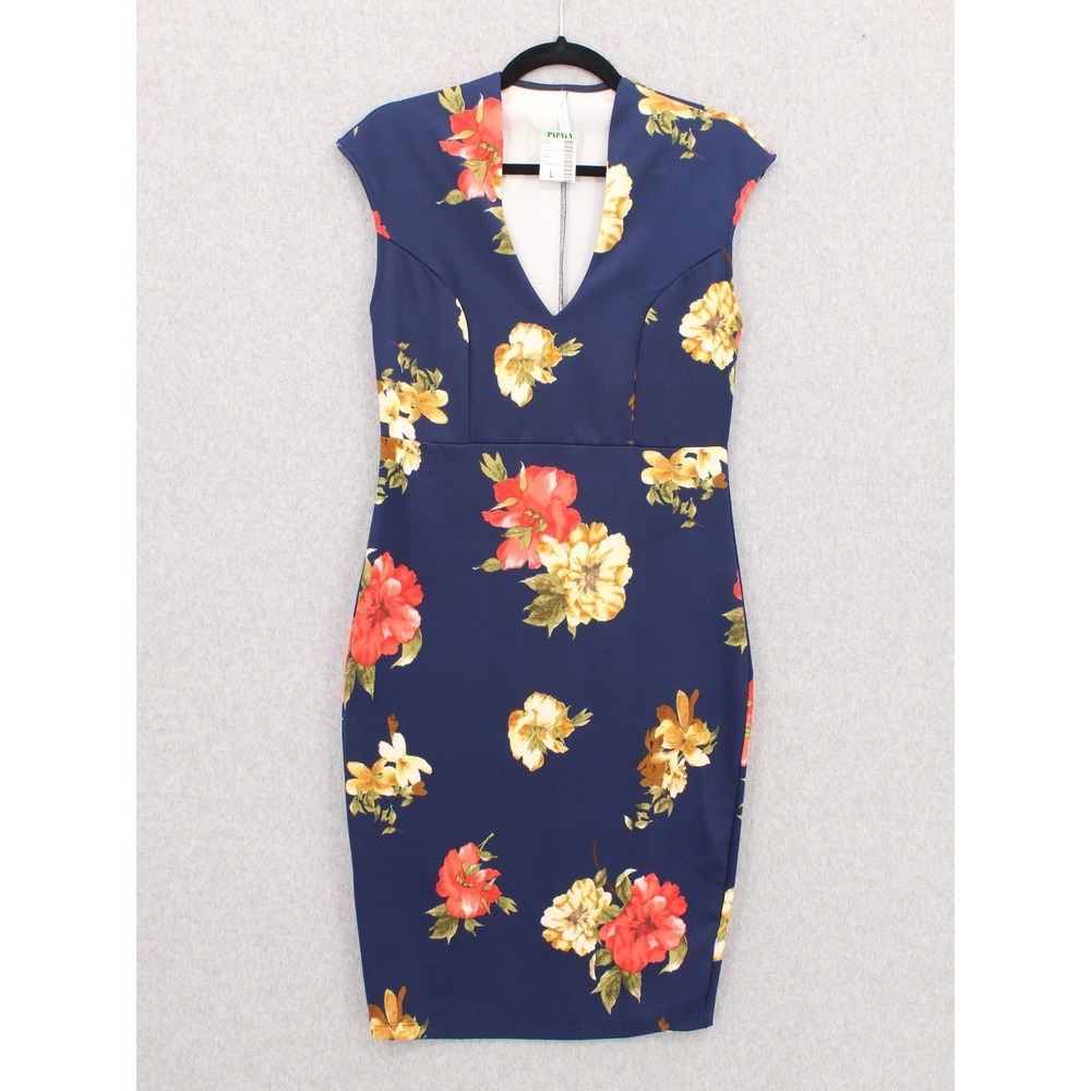 Papaya Navy Blue Floral V-Neck‎ Bodycon Sheath Dress Cap Sleeve NWT Large